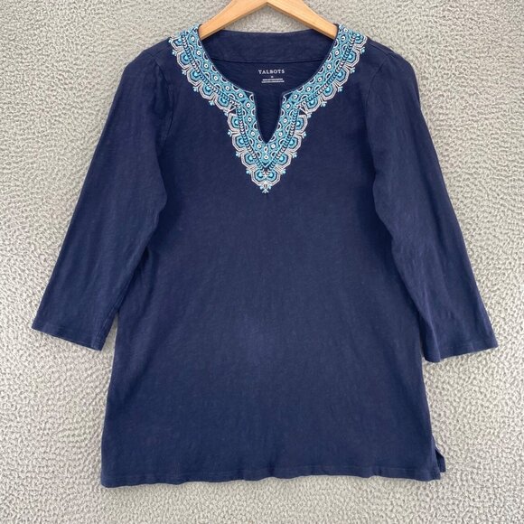 Talbots Top Womens Medium Navy Cotton Embroidered 3/4 Sleeve Slub Knit Pullover - Picture 1 of 9